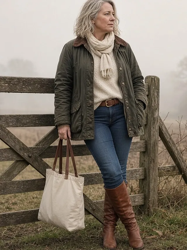 Full-length photo of a silver-haired woman leaning against a wooden field gate on a misty autumn farm, in an olive waxed barn jacket over a cream knit and scarf, belted indigo jeans tucked into cognac knee-high riding boots, holding a canvas tote.