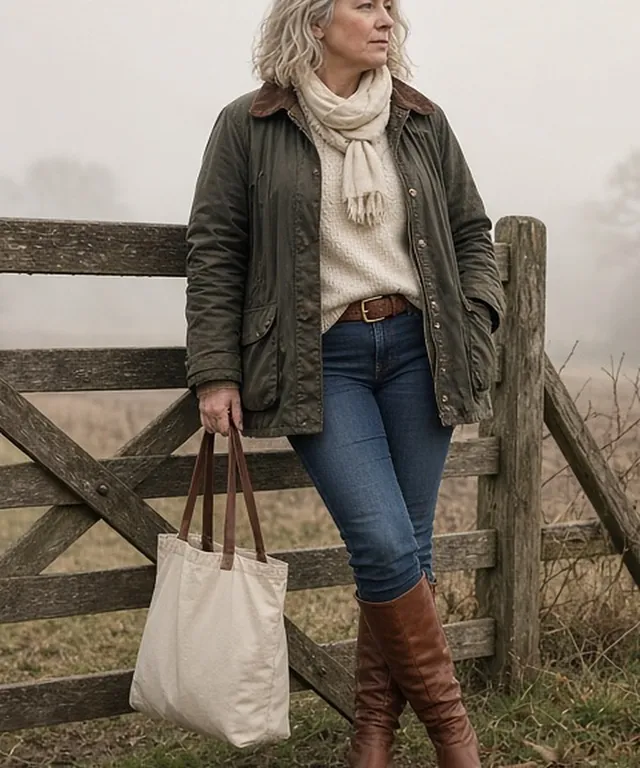 Full-length photo of a silver-haired woman leaning against a wooden field gate on a misty autumn farm, in an olive waxed barn jacket over a cream knit and scarf, belted indigo jeans tucked into cognac knee-high riding boots, holding a canvas tote.