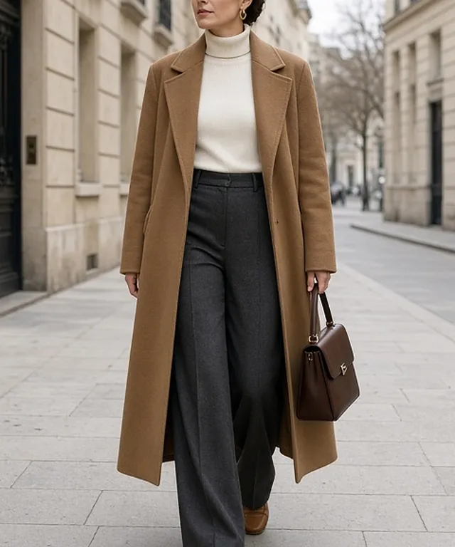 Full-length photo of a woman walking down a pale limestone street in winter light, in a long camel wool coat worn open over an ivory rollneck, charcoal wide-leg trousers and tan loafers, carrying a chocolate-brown top-handle bag.