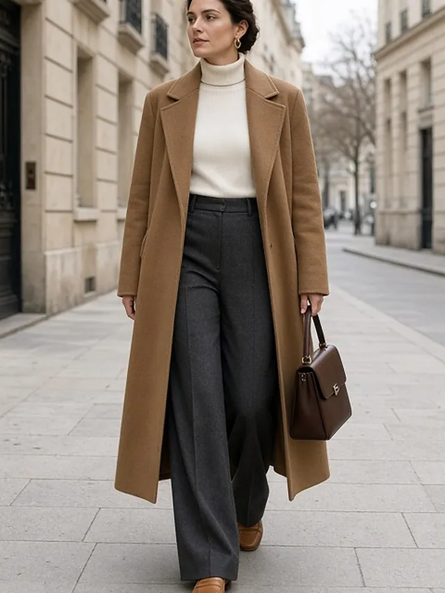 Full-length photo of a woman walking down a pale limestone street in winter light, in a long camel wool coat worn open over an ivory rollneck, charcoal wide-leg trousers and tan loafers, carrying a chocolate-brown top-handle bag.