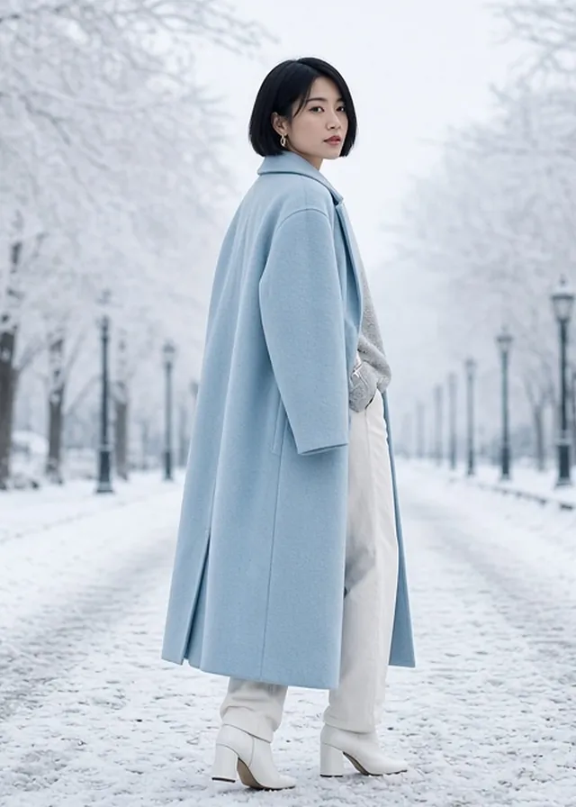 Full-length photo of a woman with a black bob on a snowy park path between frosted trees, in a long icy-blue wool coat over a light grey jumper, white straight-leg jeans and white leather ankle boots.
