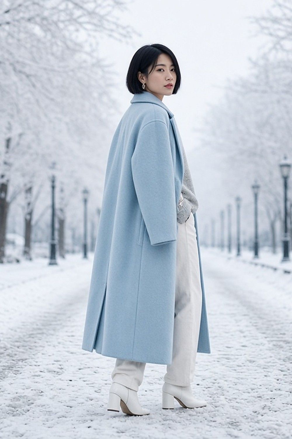 Full-length photo of a woman with a black bob on a snowy park path between frosted trees, in a long icy-blue wool coat over a light grey jumper, white straight-leg jeans and white leather ankle boots.