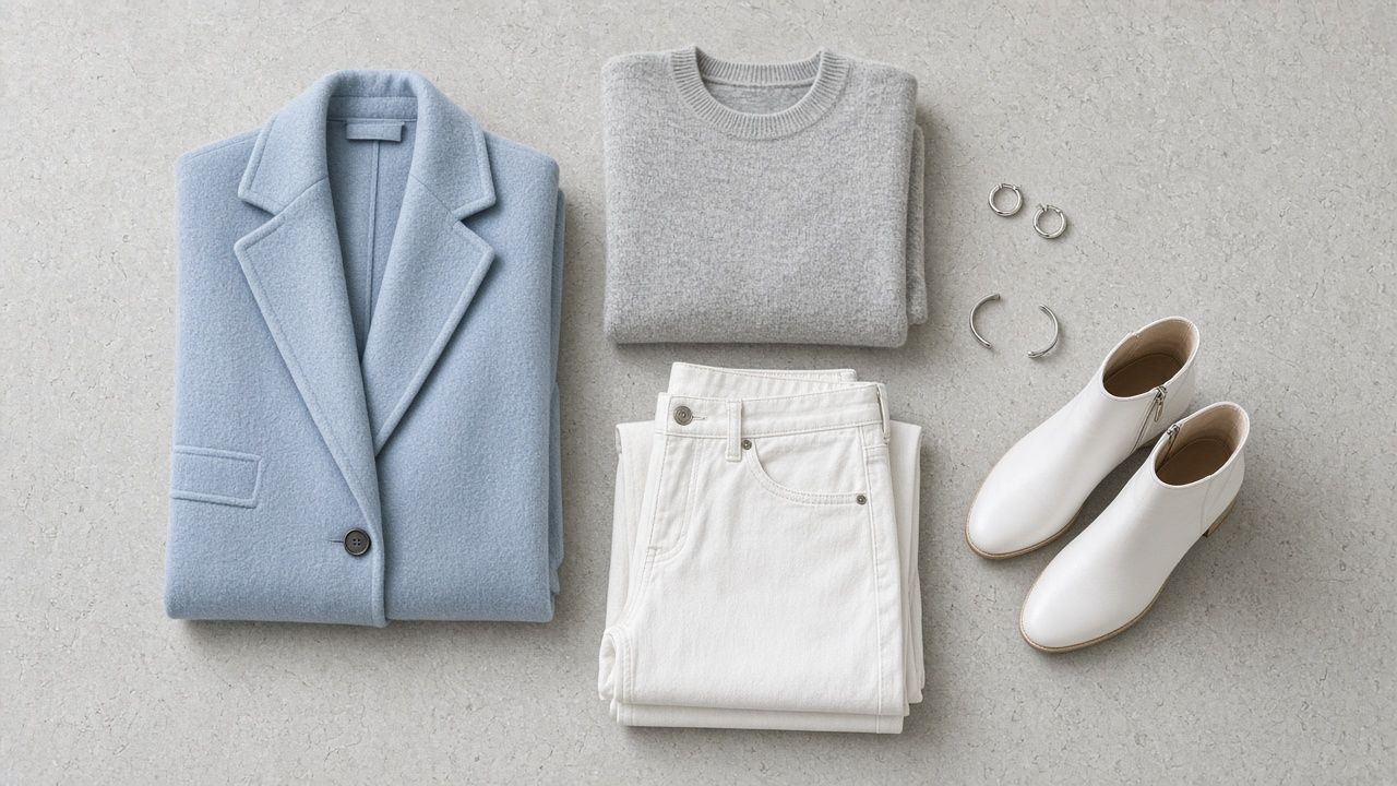 Flat lay on pale grey stone: folded icy-blue wool coat, light grey cashmere crew neck, white straight jeans, white leather ankle boots, silver hoops and a silver cuff.