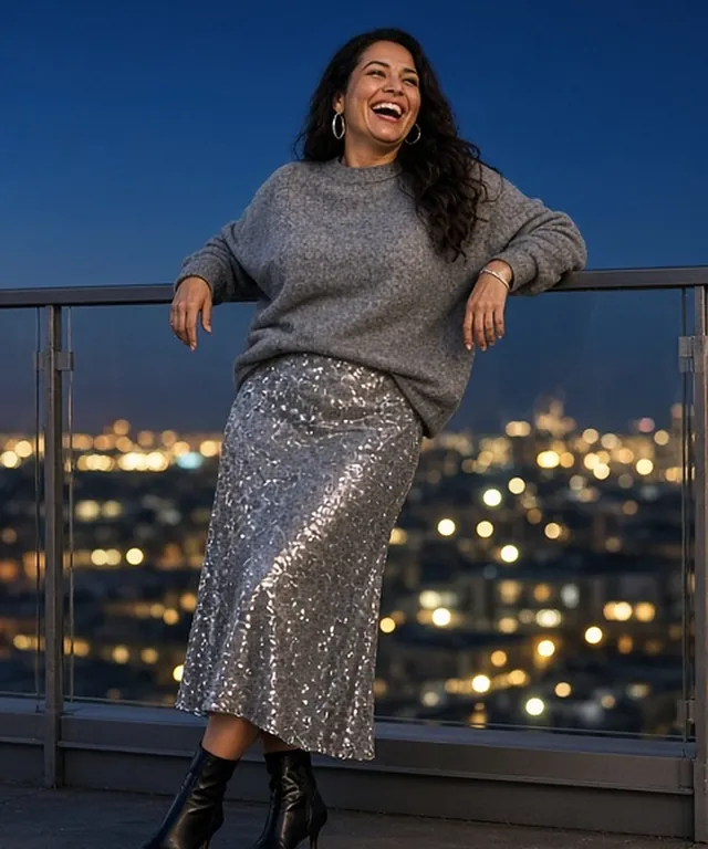 Full-length photo of a laughing woman leaning on a rooftop railing at dusk above city lights, in an oversized grey cashmere jumper, a silver sequin midi skirt and black pointed kitten-heel ankle boots.