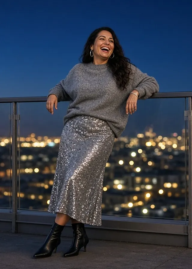 Full-length photo of a laughing woman leaning on a rooftop railing at dusk above city lights, in an oversized grey cashmere jumper, a silver sequin midi skirt and black pointed kitten-heel ankle boots.