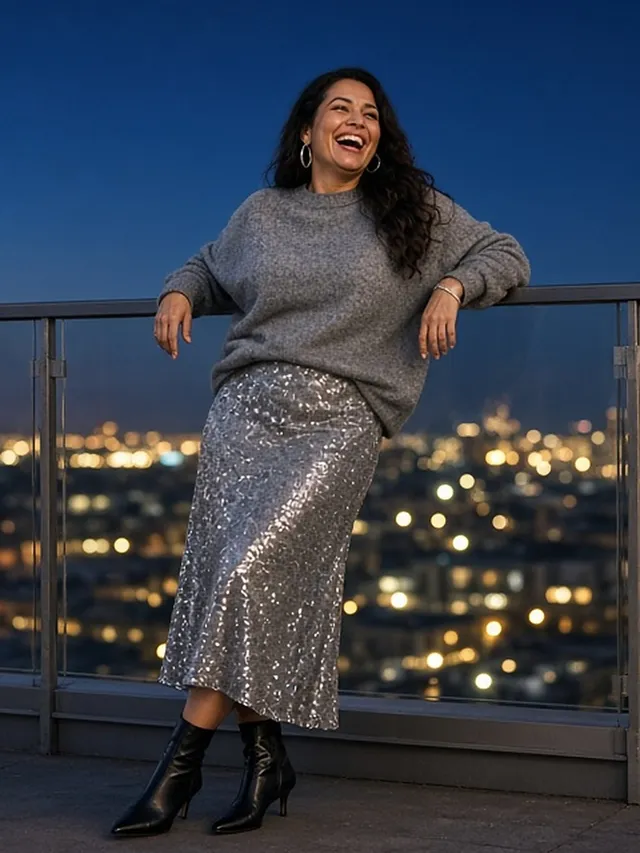 Full-length photo of a laughing woman leaning on a rooftop railing at dusk above city lights, in an oversized grey cashmere jumper, a silver sequin midi skirt and black pointed kitten-heel ankle boots.