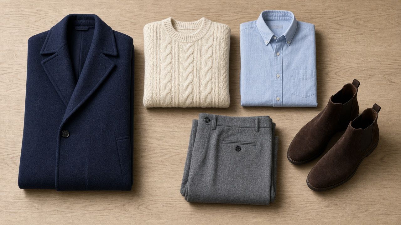 Flat lay on light oak: folded navy wool overcoat, cream cable-knit jumper, pale blue button-down oxford shirt, grey flannel trousers and dark brown suede Chelsea boots.