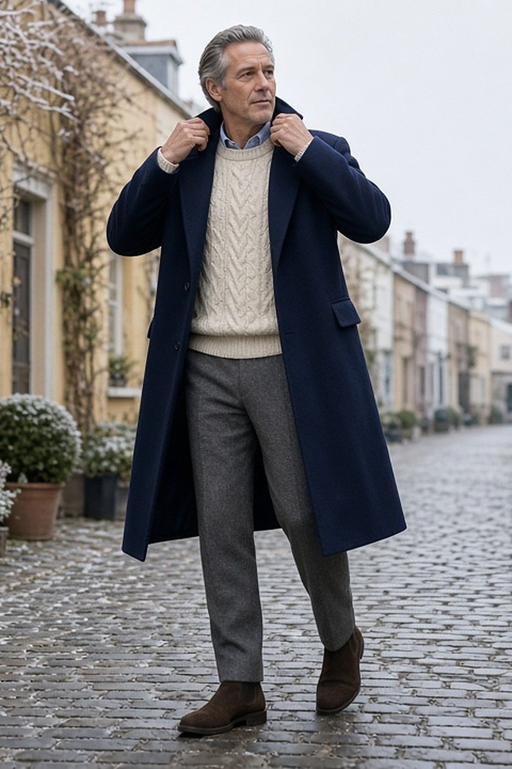 Full-length photo of a grey-haired man turning up the collar of his navy wool overcoat on a frosty cobbled London mews, over a cream cable-knit jumper, grey flannel trousers and brown suede Chelsea boots.
