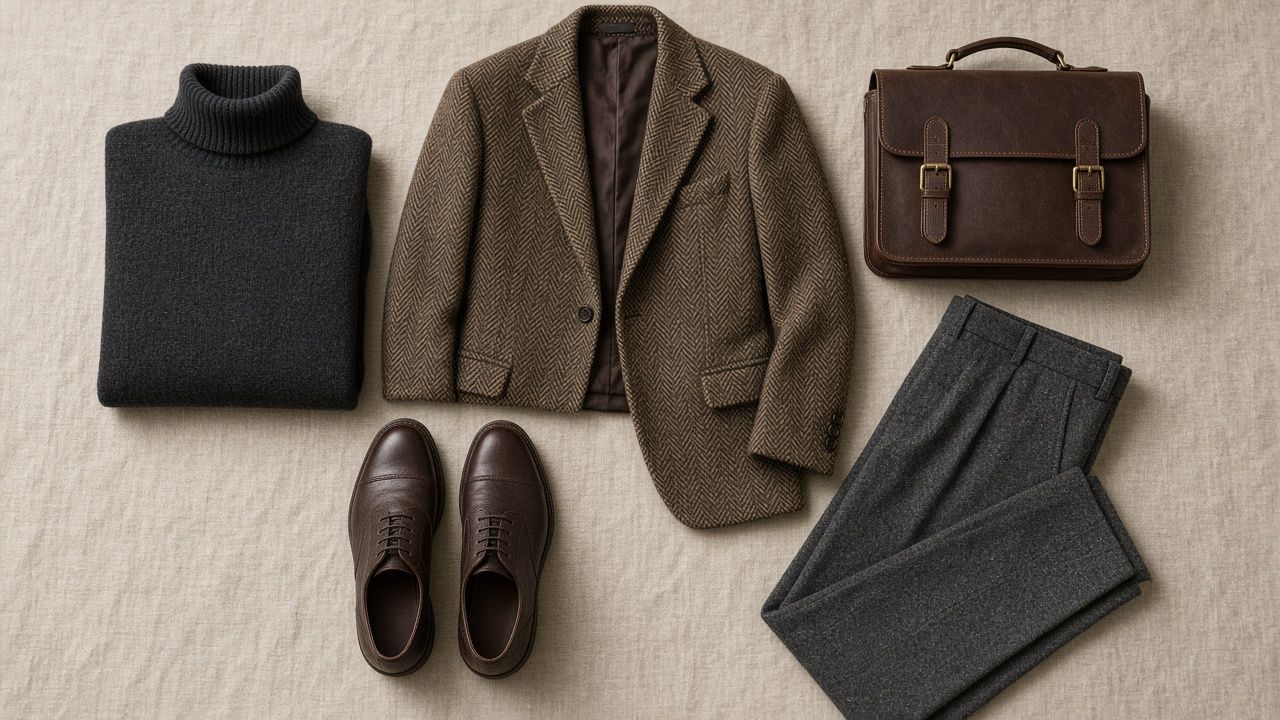 Flat lay on oatmeal linen: black wool turtleneck, brown herringbone tweed blazer, charcoal wool trousers, a buckled chocolate leather satchel and dark brown leather shoes.