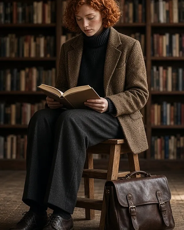 Full-length photo of a young red-haired woman seated on a wooden step-stool reading in an old bookshop, wearing a black turtleneck under a brown herringbone tweed blazer, charcoal trousers and dark leather derbies, a buckled leather satchel at her feet.