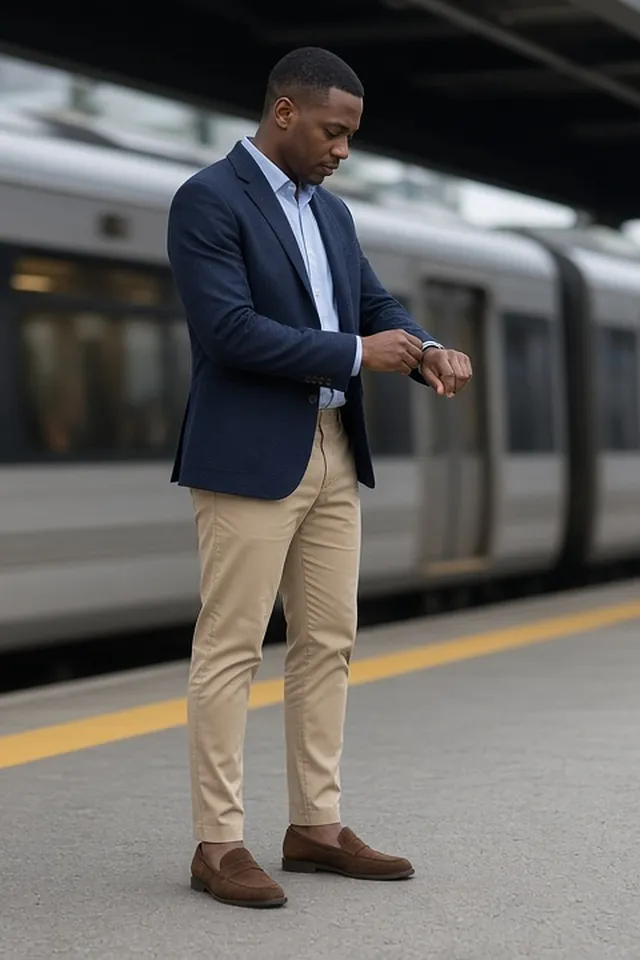 Full-length photo of a man adjusting his shirt cuff on a commuter train platform, in a navy unstructured blazer, pale blue oxford shirt open at the neck, stone chinos and brown suede loafers.
