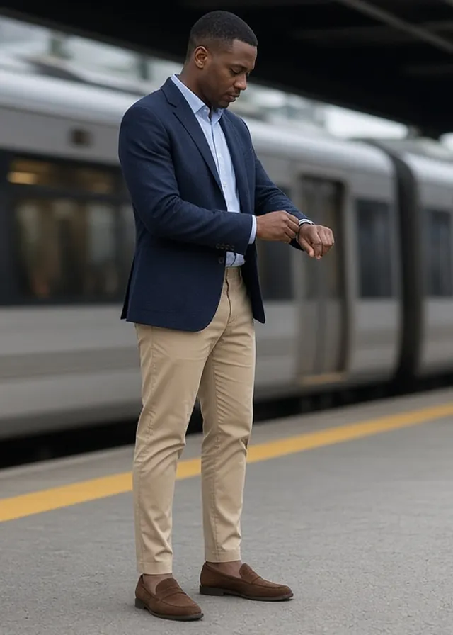 Full-length photo of a man adjusting his shirt cuff on a commuter train platform, in a navy unstructured blazer, pale blue oxford shirt open at the neck, stone chinos and brown suede loafers.
