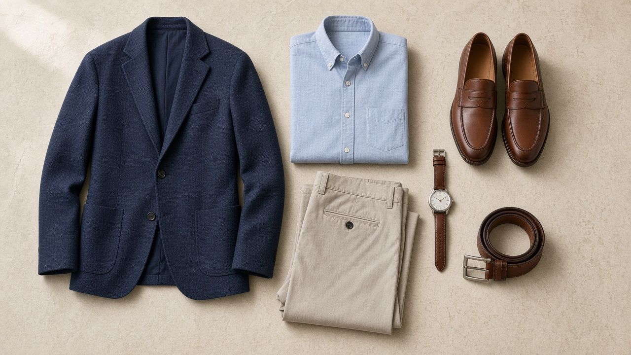 Flat lay on pale stone: navy unstructured blazer, pale blue oxford button-down, stone chinos, brown penny loafers, a brown leather belt and a steel watch on a brown strap.