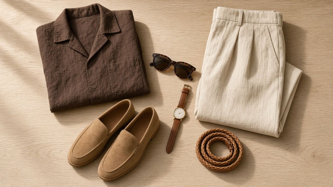 Flat lay on light oak: chocolate linen camp-collar shirt, ecru pleated linen trousers, tan suede loafers, a braided tan belt, tortoiseshell sunglasses and a gold watch on a brown strap.