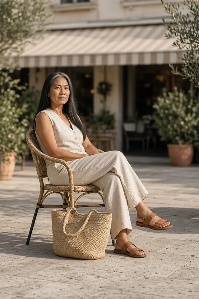 Full-length photo of a woman seated with legs crossed on a rattan chair on a sunny café terrace with olive trees, in an oat linen waistcoat and matching wide-leg trousers, flat tan leather slides, a woven raffia tote by the chair.