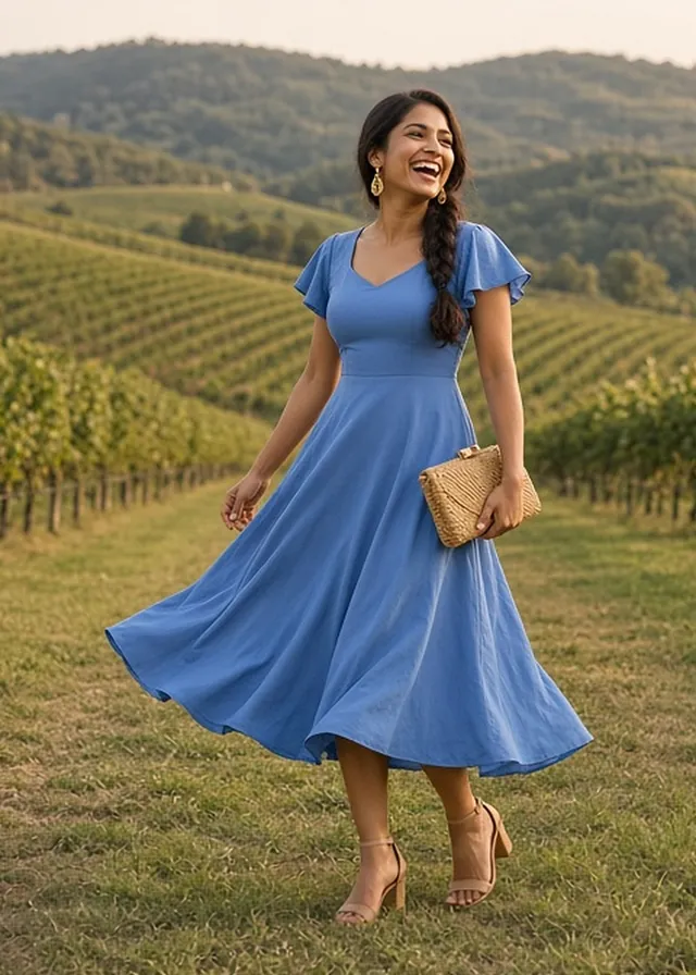 Full-length photo of a laughing woman mid-twirl between vineyard rows at golden hour, in a cornflower-blue midi dress with flutter sleeves, gold drop earrings and tan heeled sandals, holding a raffia clutch.