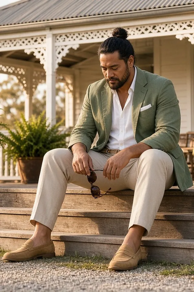 Full-length photo of a man seated on the timber steps of a white homestead veranda, in an unstructured sage linen blazer with a white pocket square, white open-collar shirt, stone trousers with a woven belt and tan suede loafers, holding tortoiseshell sunglasses.