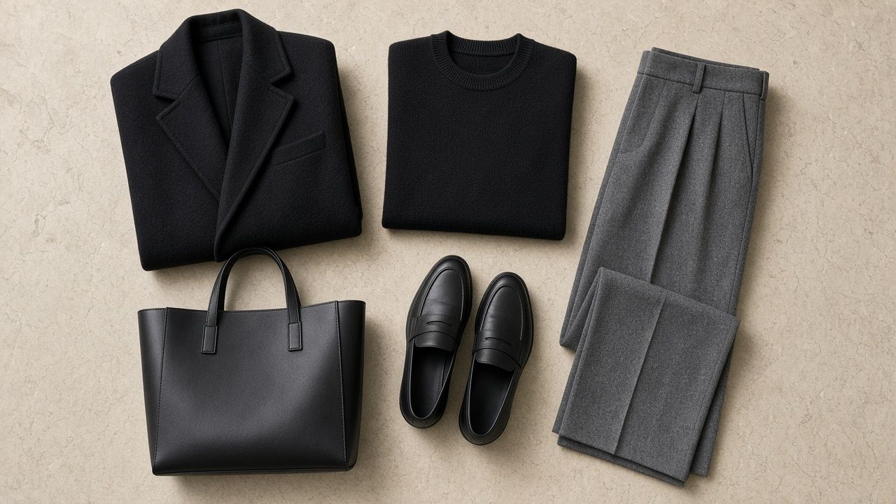 Flat lay on pale stone: folded long black wool coat, black fine-gauge crew neck, mid-grey wide-leg trousers, black leather loafers and a structured black tote.