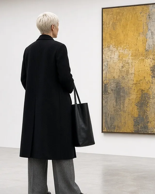 Full-length rear three-quarter photo of a woman with a platinum pixie cut viewing a large abstract painting in a white gallery, in a long black wool coat, mid-grey wide-leg trousers and black loafers, a black leather tote over her arm.