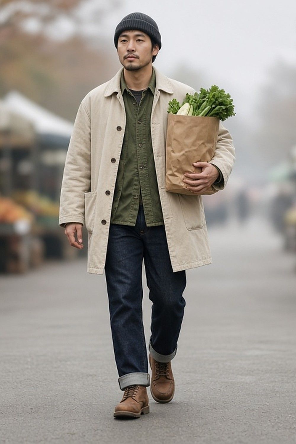 Full-length photo of a man in a charcoal beanie walking through a farmers' market carrying a paper bag of produce, in an ecru canvas chore coat over an olive overshirt, raw indigo jeans with a turn-up and brown leather work boots.